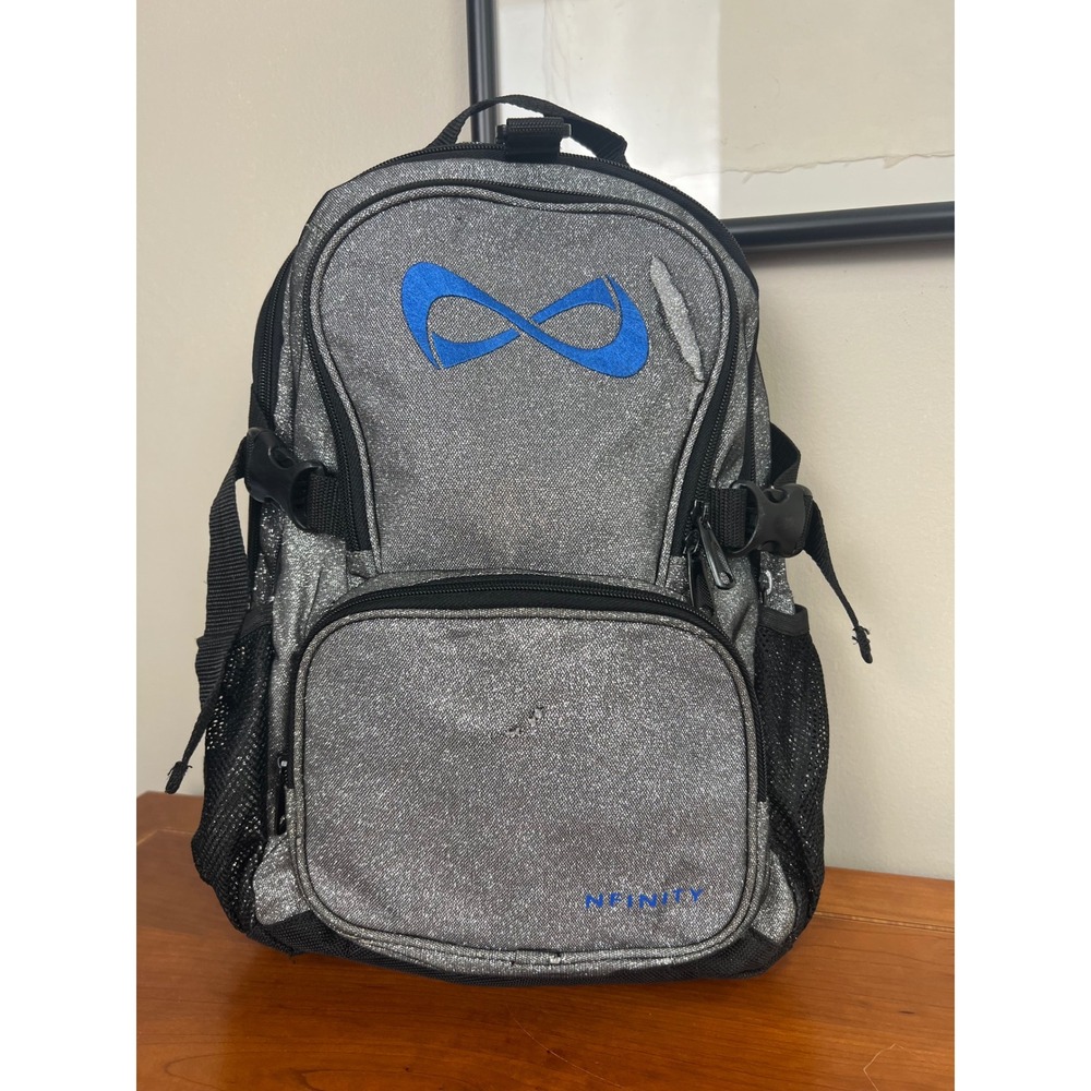 Nfinity Silver Glitter Cheer Backpack Blue Logo Sparkle Bag Kids Cheerleading